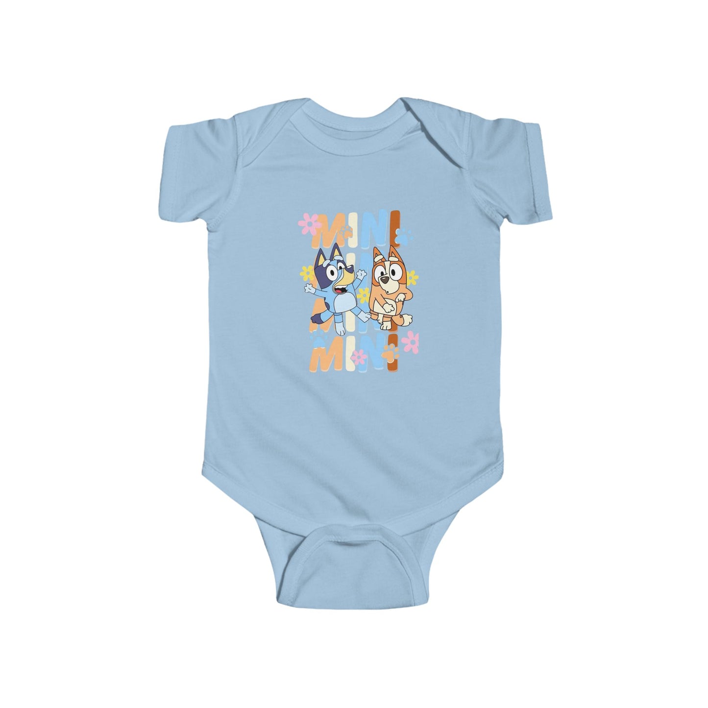 Bluey cartoon animal baby bodysuit in soft colors, perfect toddler outfit and newborn clothing, playful and comfy baby onesie.