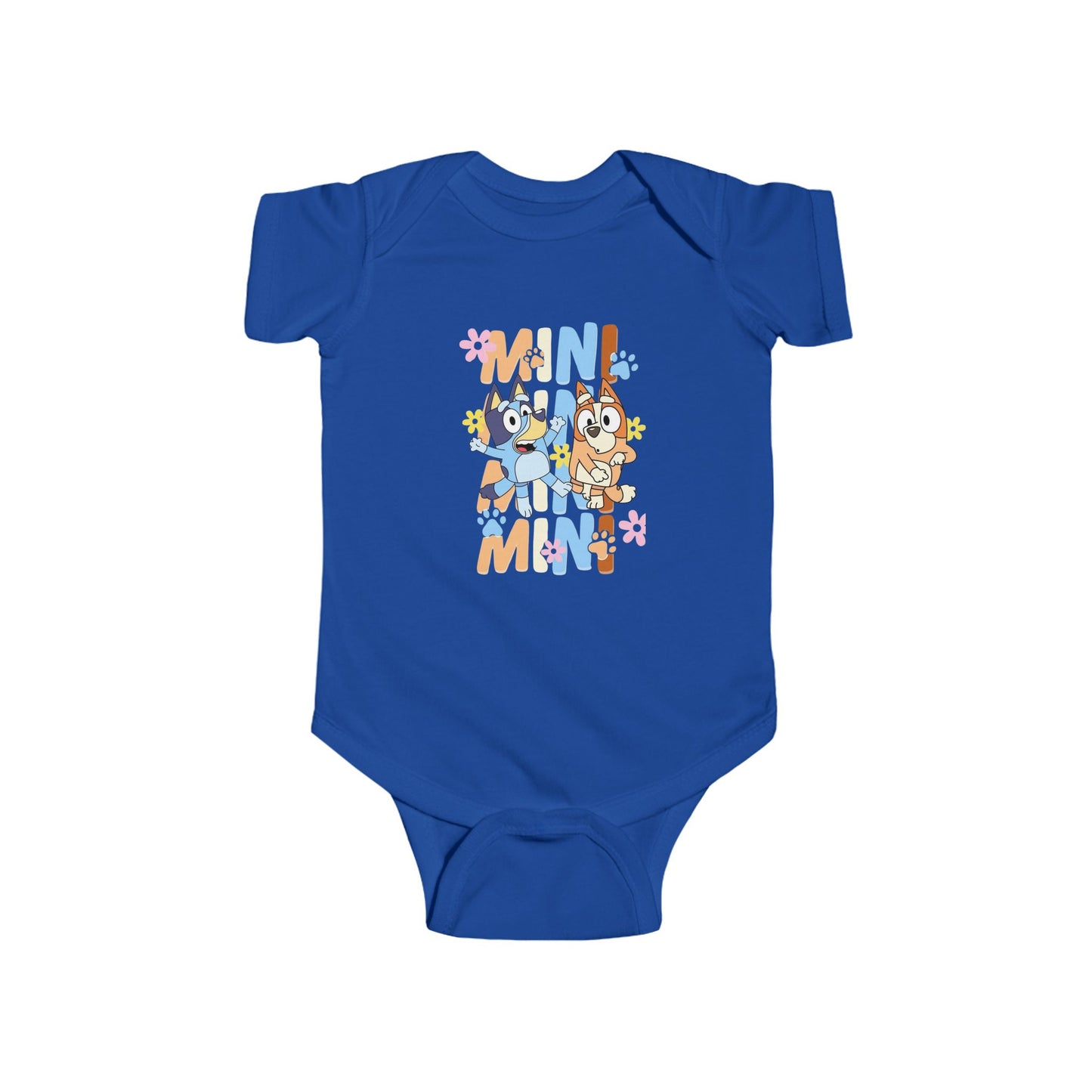 Bluey-themed infant bodysuit designed for comfort and style, perfect gift idea for baby showers, durable and easy-care baby clothes for your little one.
