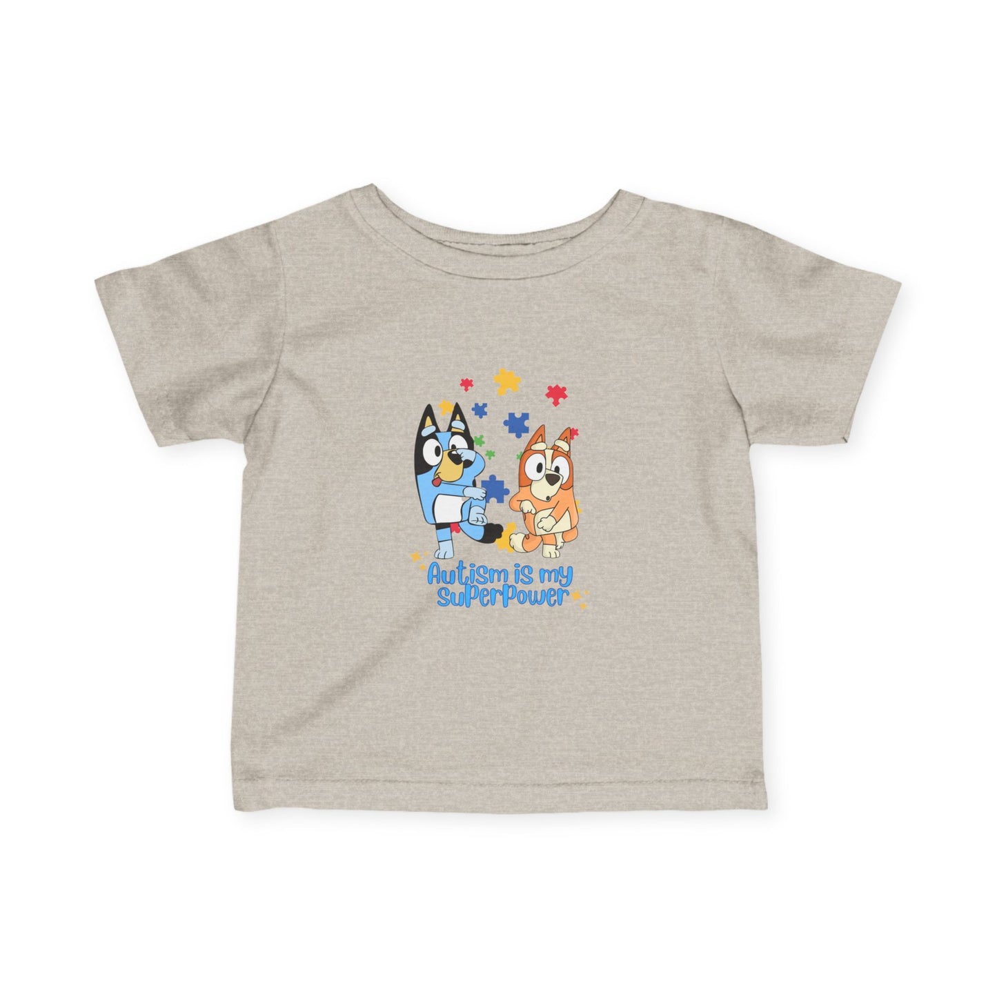 
Gift for Baby, toddler, and preschool T-shirt featuring Bluey and Bingo in gray with “Pray” design, supporting autism awareness.