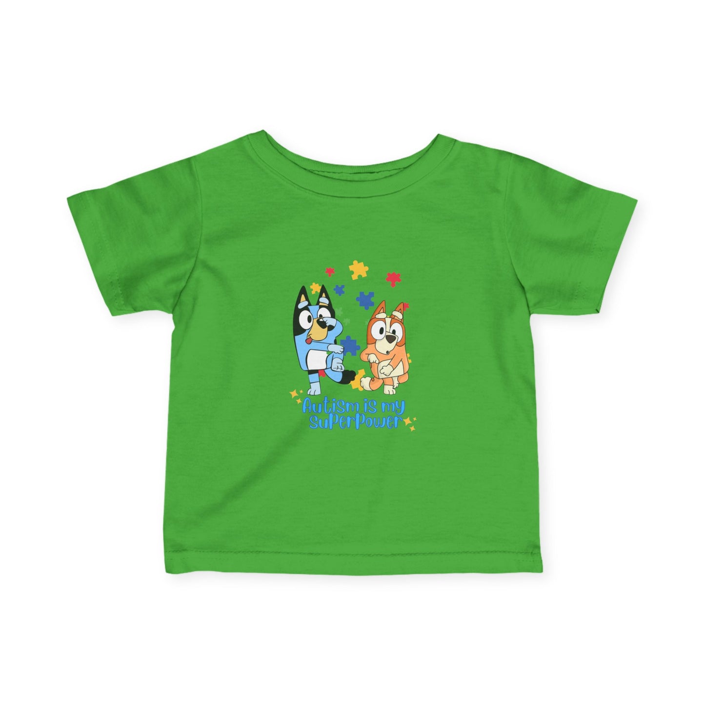
Baby, toddler, and preschool T-shirt featuring Bluey and Bingo in green with “Pray” design, supporting autism awareness.