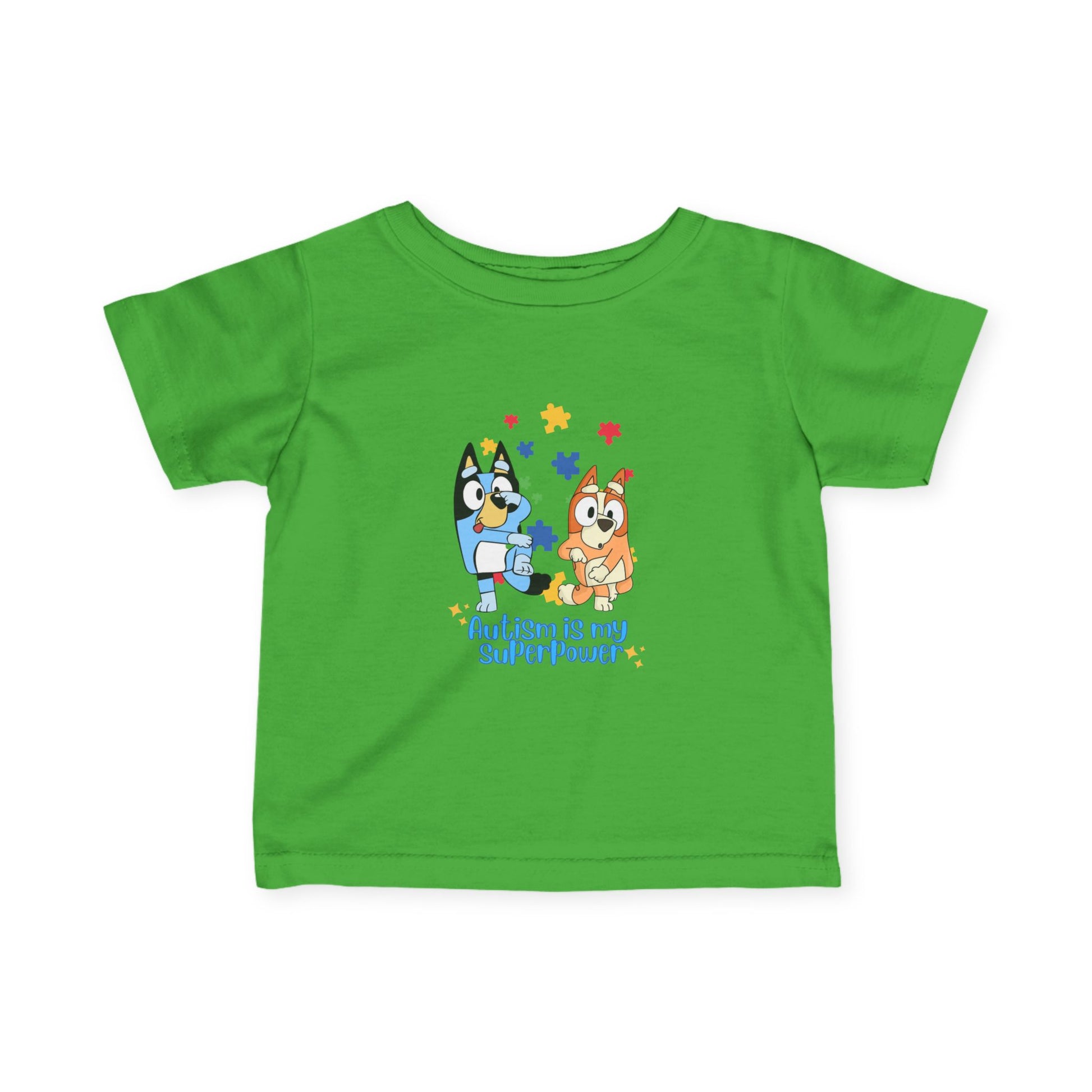 
Baby, toddler, and preschool T-shirt featuring Bluey and Bingo in green with “Pray” design, supporting autism awareness.