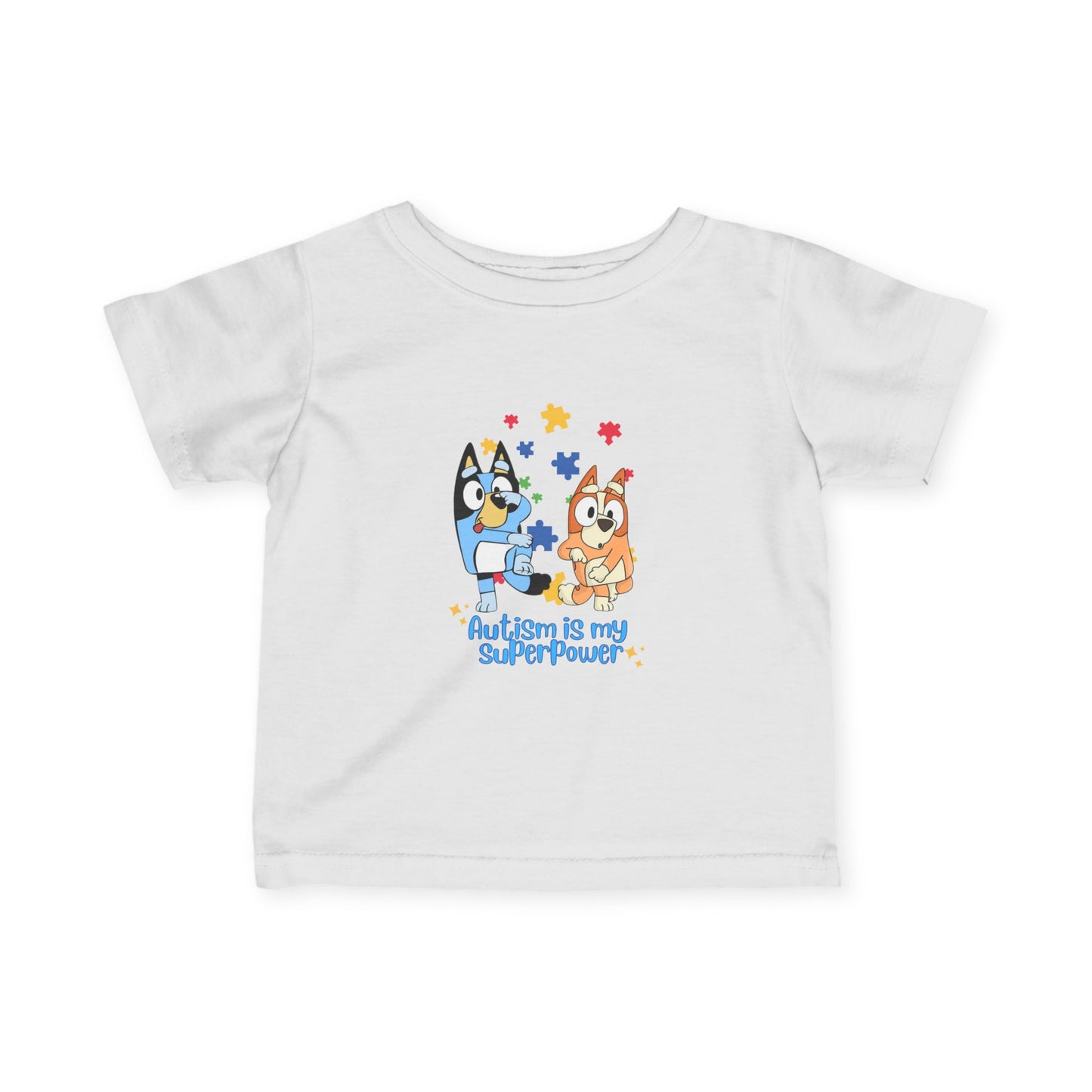 
Baby, toddler, and preschool T-shirt featuring Bluey and Bingo in gray with “Pray” design, supporting autism awareness.