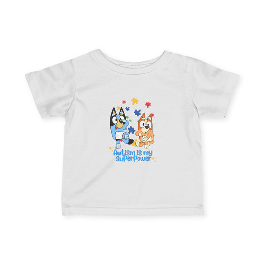 
Baby, toddler, and preschool T-shirt featuring Bluey and Bingo in gray with “Pray” design, supporting autism awareness.