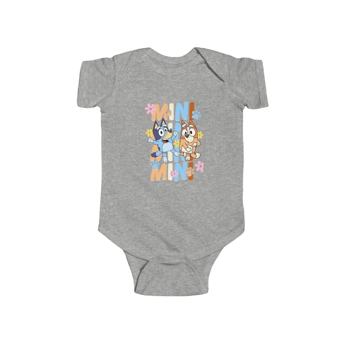 Adorable Bluey-themed infant bodysuit featuring cartoon animals, perfect for babies and toddlers, newborn clothes and playwear.
