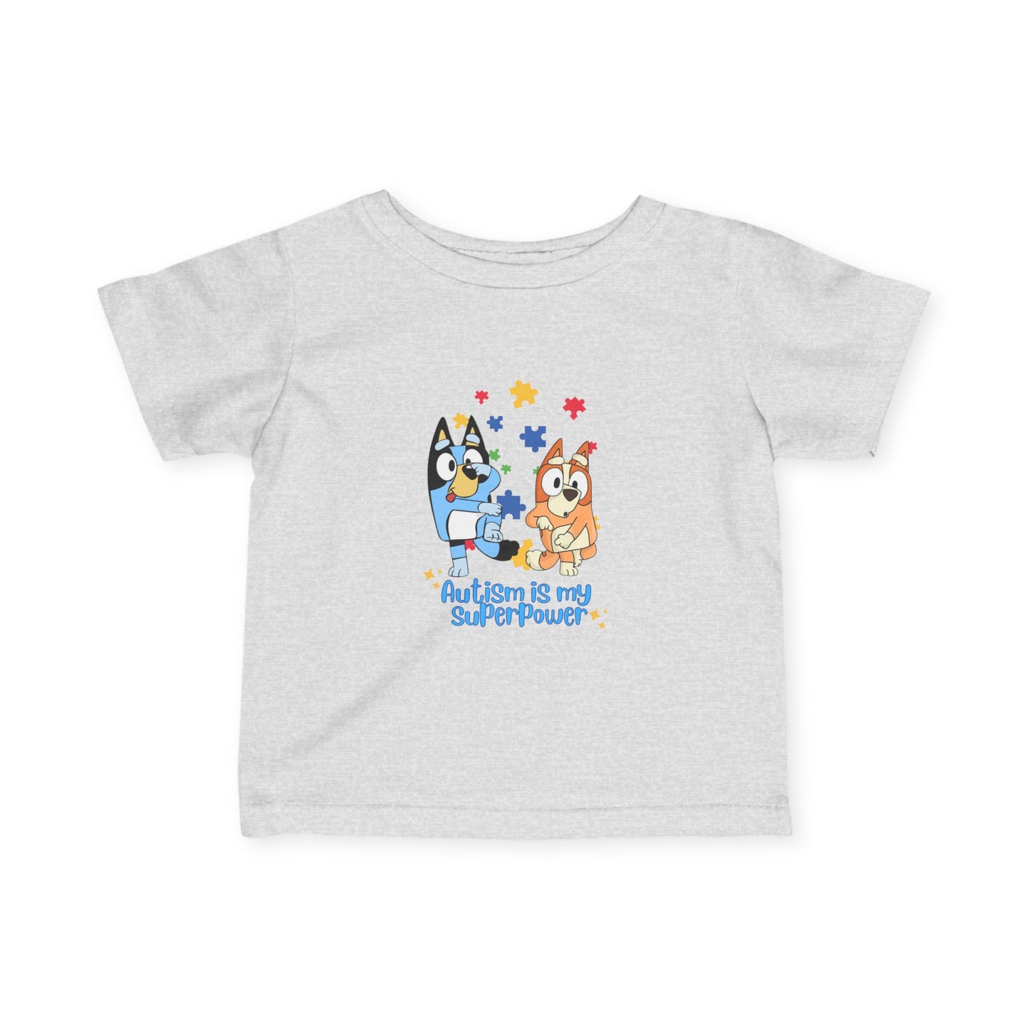 
Clothing for Baby, toddler, and preschool T-shirt featuring Bluey and Bingo in gray with “Pray” design, supporting autism awareness.